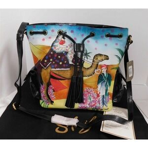 New Sharif Handpainted Leather Arabian Theme Drawstring Bucket‎ Crossbody Bag
